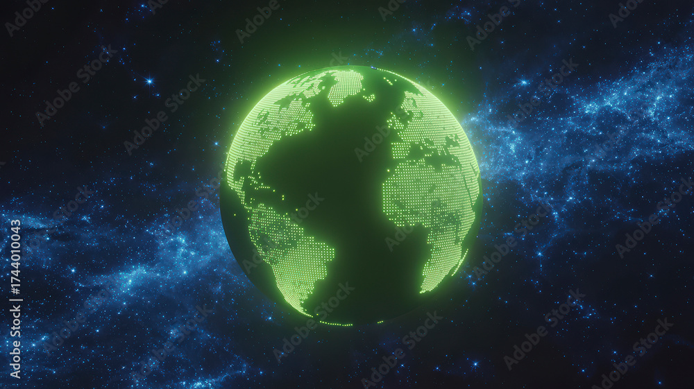 Fototapeta premium Luminous Green Earth Globe Against a Starry Cosmic Backdrop Symbolizing Global Awareness and Environmental Consciousness