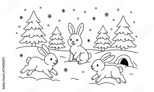 Playful rabbits in winter forest coloring page for kids