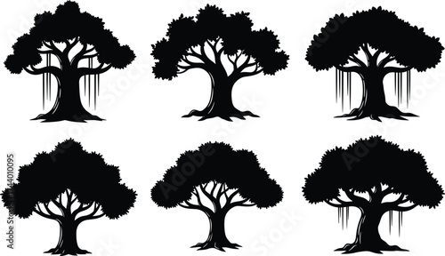 Stylized tree silhouettes, tropical canopy designs, artistic forest patterns, abstract foliage icons, decorative botanical art, black vector illustration, natural landscape elements