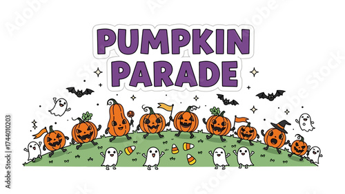 Whimsical Pumpkin Parade: A delightful illustration depicts a spirited pumpkin parade, complete with cheerful gourds, playful ghosts, and whimsical bats against a decorative backdrop.