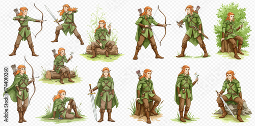 Collection of elf characters in various poses, wearing green tunics and brown leggings, some with bows and swords.
