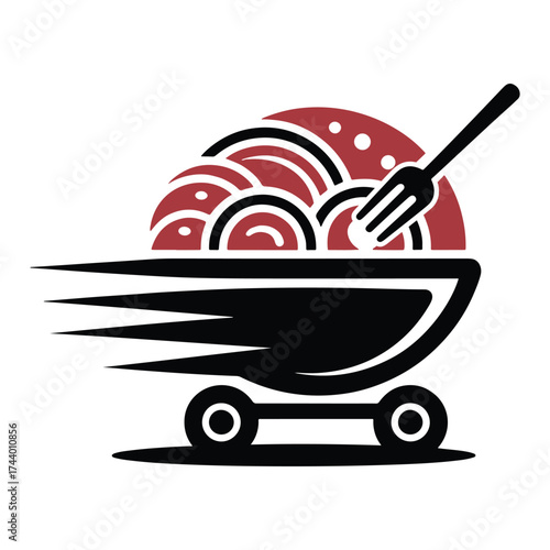 Stylized food bowl with fork on rolling cart wheels