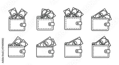 Collection of hand-drawn wallets filled with cash for financial and business concepts vector
