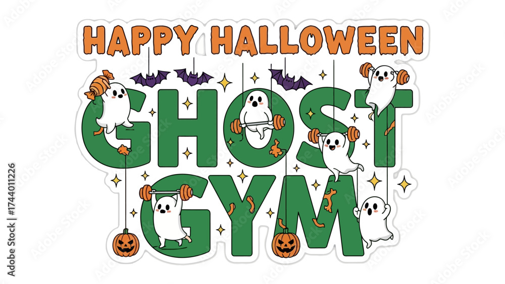 Fototapeta premium Halloween Gym Illustration: Whimsical illustration features the words Happy Halloween Ghost Gym with playful ghost, pumpkin, and bat designs, all set against a spooky background.