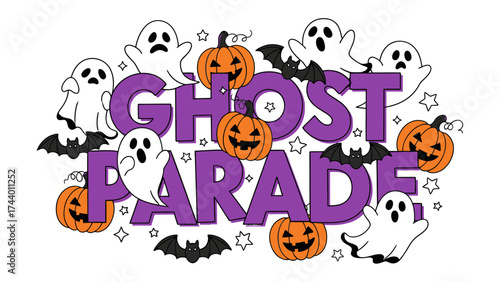 Ghostly Parade: An eerie scene unfolds with a festive ghost parade, featuring playful ghosts, grinning pumpkins, and bats against a purple background, perfect for Halloween celebrations.