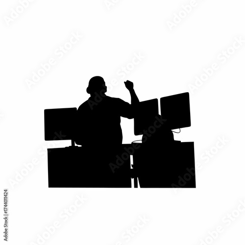 Cartoon animator with multiple monitors silhouette isolated on white background
