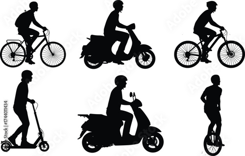 Personal transportation silhouettes, bicycle rider, motor scooter, mountain bike, kick scooter, unicycle, 