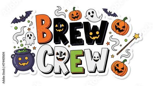 Brew Crew Halloween Design: A spooky and spirited Halloween design spells out Brew Crew, surrounded by classic festive elements such as jack-o'-lanterns, bats, and a bubbling cauldron.