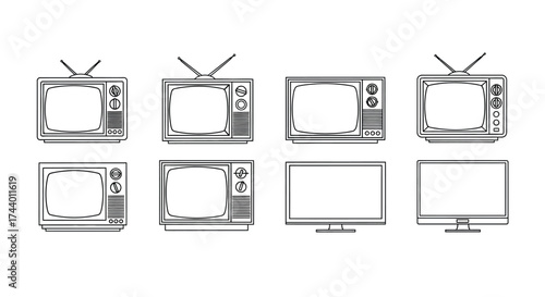Vintage television set collection hand drawn line art styles classic retro technology icons vector