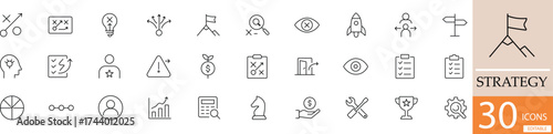 Flat line vector strategy icon set showing planning, goal setting, and business management concepts in clean minimal style. Perfect for corporate, marketing, and leadership designs