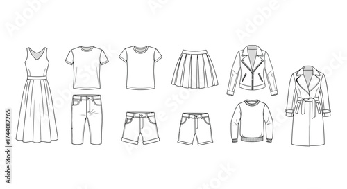 Fashionable clothing lineup sketches featuring dresses tops skirts and jackets for apparel design vector