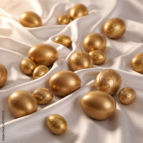 Shiny golden Easter eggs on a silky white fabric background
