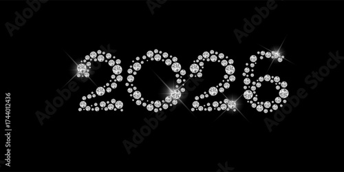 Vector. Silver numbers with diamonds, precious stones on a black background. Luxury elegant Christmas 2026 greeting card, banner, party invitation for jewelry stores, beauty salons, for women.