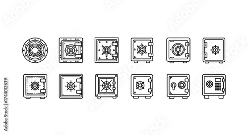 Set of ten outline icons representing various security safes and vaults in a grid layout vector
