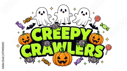 Creepy Crawlers: A spooky illustration of Halloween elements with ghosts, spiders, and pumpkins to create an eerie atmosphere for celebrating the holiday.