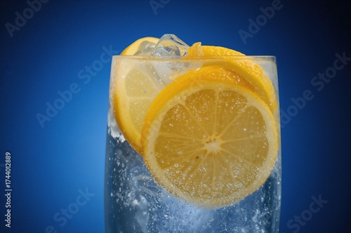 Carbonated water featuring lemon wedges and ice, with room for text