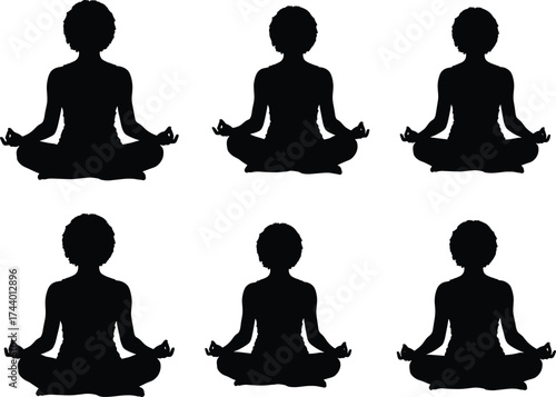 Silhouette meditation pose, yoga mindfulness, curly hair figure, cross legged sitting, inner peace, wellness practice, spiritual calm, vector illustration, harmony