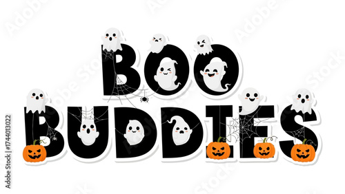 Halloween Boo Buddies: A friendly composition for the most wonderful Halloween night featuring ghostly apparitions and jack-o'-lanterns, embodying the playfulness of the holiday season.