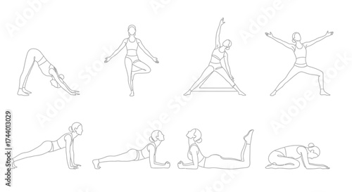 Eight diverse yoga poses detailed line drawing for fitness and wellness content vector