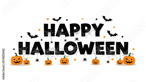 Happy Halloween: A festive composition of pumpkins and bats spells out a joyful greeting, perfect for celebrating the spookiest night of the year.