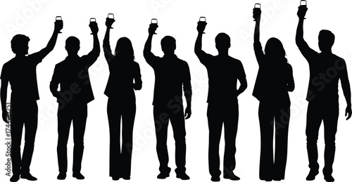 Silhouette people holding smartphones, unity technology concept, digital lifestyle, teamwork communication, mobile device connection, modern society