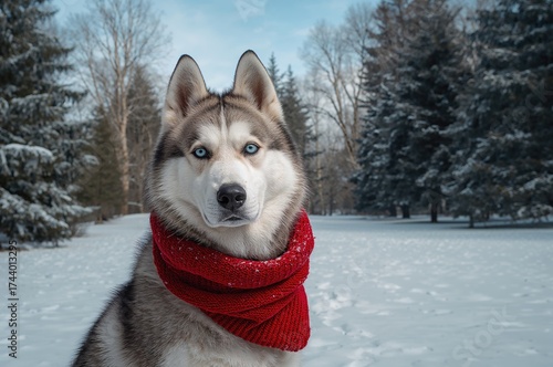 Husky dog wearing a scarf o...