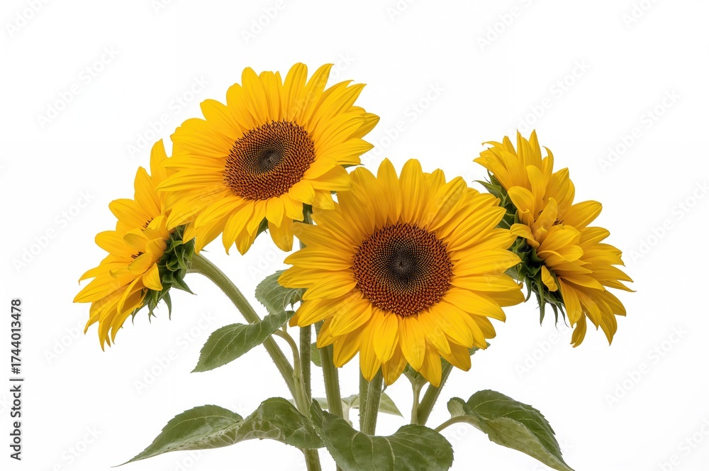 Fototapeta premium Yellow sunflowers isolated on a plain white surface