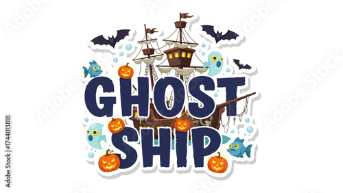 Halloween Ghost Ship: A whimsical Halloween illustration of a spooky ghost ship, complete with ghostly figures, pumpkins, and bats, perfect for evoking the eerie spirit of the holiday.