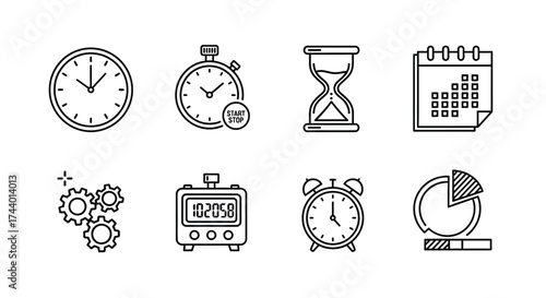 Collection of hand-drawn time management icons featuring clocks calendar stopwatch and timer vector