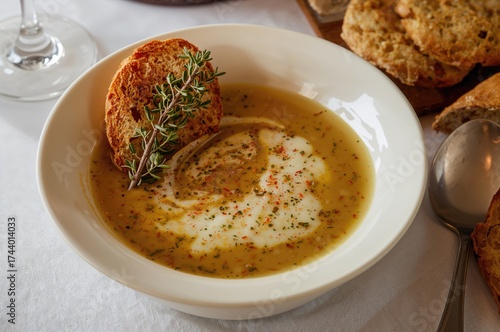 Elegant Onion Soup Served W...