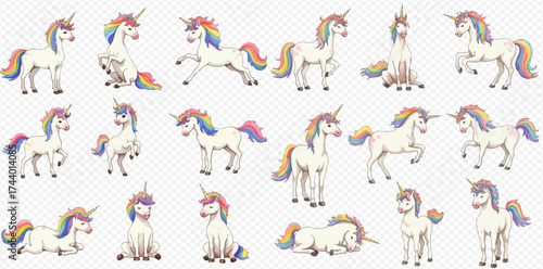 Collection of cartoon unicorns in various poses with rainbow manes and tails.