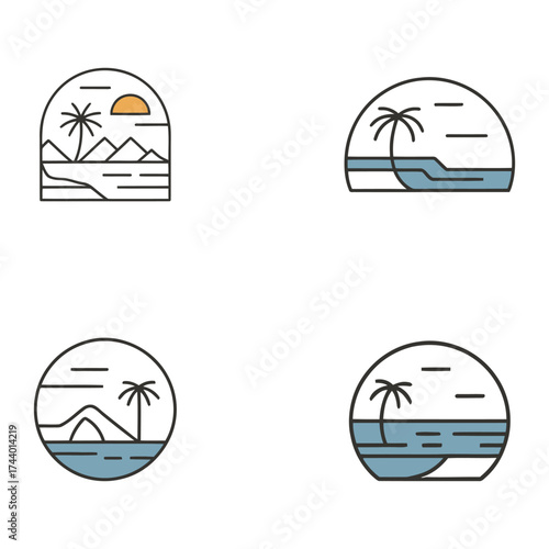 Modern oasis logo collection vector, minimalist tropical branding icons for hotels, spas, and resort, elegant vacation and luxury retreat identity design on white background