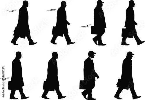 Silhouette walking man, business person with briefcase, motion study, animation frames, character design, vector illustration