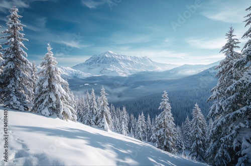 Hill blanketed in snow surr...