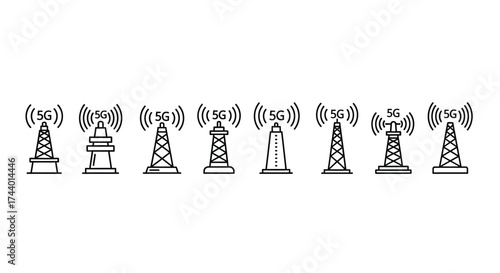 Diverse communication towers broadcasting wireless signals for modern connectivity and data transmission vector