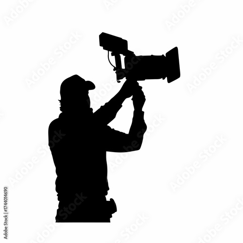 Cinematographer silhouette adjusting camera lens for film shoot isolated on white background
