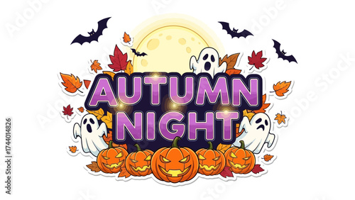 Autumn Night Illustration: A captivating illustration featuring an autumn night theme, showcasing spooky pumpkins, playful ghosts, and fluttering bats beneath a radiant full moon.