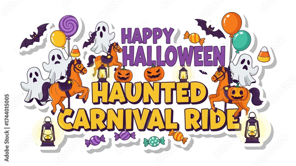 Fototapeta premium Happy Halloween Haunted Carnival Ride: An illustrated composition, colorful and celebratory, invites viewers to the festivities of a Halloween carnival, full of classic symbols.