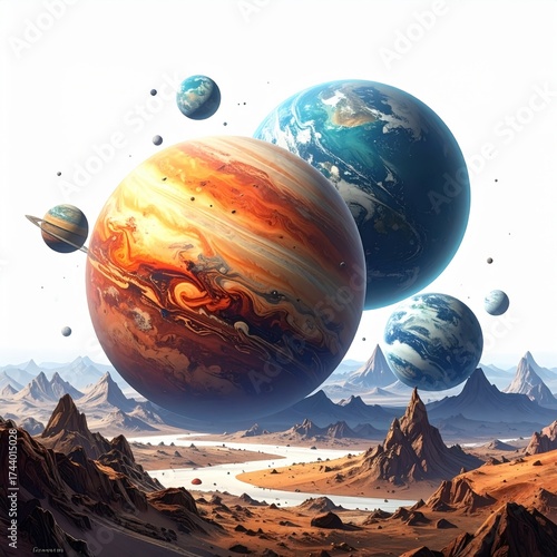 Surreal Planetary Landscape with Diverse Celestial Bodies Above a Rocky Desert Environment