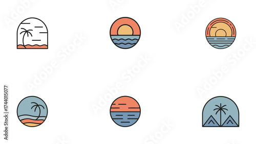 Modern oasis logo collection vector, minimalist tropical branding icons for hotels, spas, and resort, elegant vacation and luxury retreat identity design on white background