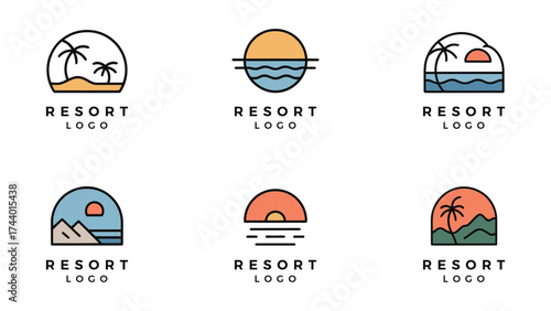 Elegant resort logo collection vector, minimalist hotel and beach resort branding icon, tropical vacation and travel business identity design set, luxury holiday brand illustration on white background