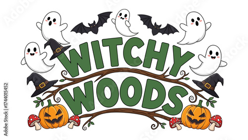 Witchy Woods: Festive Halloween Graphic: A captivating graphic presents a whimsical Halloween scene, featuring cheerful ghosts, ominous bats.