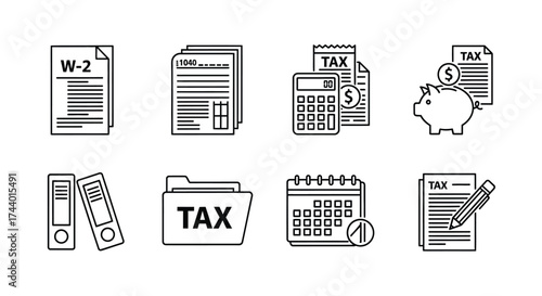 Financial icons representing taxes accounting and business concepts with documents and calculator vector