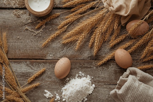 Wheat ears, eggs, milk, and...