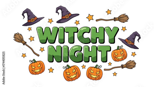 Witchy Night: A whimsical and enchanting design captures the essence of a magical night, featuring a captivating blend of stars, hats, brooms and pumpkins, perfect for embracing the spooky spirit