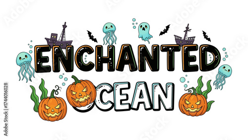 Enchanted Ocean: An intriguing visual composition of 'Enchanted Ocean' is filled with playful characters and imagery, inviting viewers into a world of mystery and wonder. 