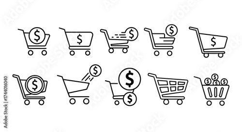 Hand drawn shopping cart icons with dollar signs representing e-commerce and online shopping ideas vector