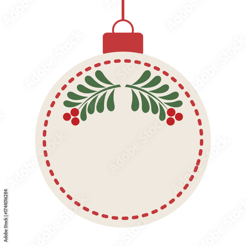 Christmas ball ornament with mistletoe branch in retro style. Christmas bauble design element. Vector illustration.