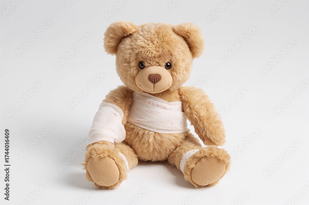Obraz premium Stuffed bear with a fractured paw wrapped in bandages on a white backdrop