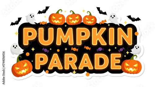 Halloween Pumpkin Parade: A vibrant illustration showcases the spirited essence of a Halloween Pumpkin Parade. Featuring carved pumpkins, playful ghosts, and shadowy bats.